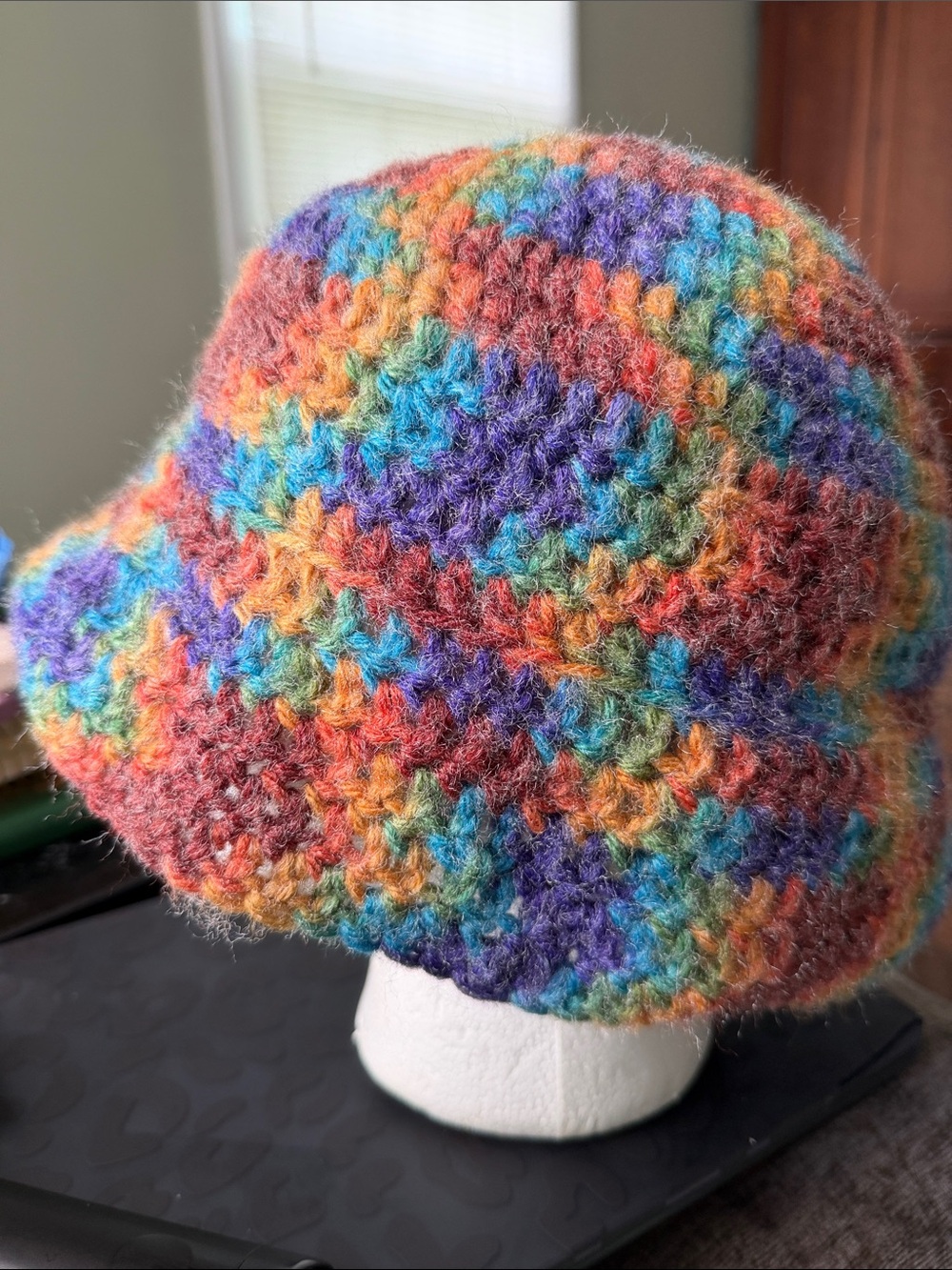 Adult OS Multicolor Crochet Bucket Hat - Rainbow Yarn